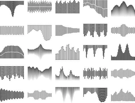 Collection of creative sound wave patterns and abstract designs in black an.. Stockillustratie