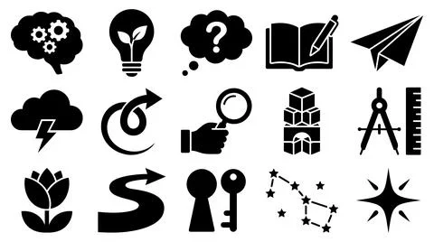 Collection of creative thinking icons with creative brainstorming problem Иллюстрация