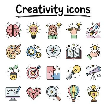 Collection of creativity icons including brain, lightbulb, person, pencil, .. Stock Illustration
