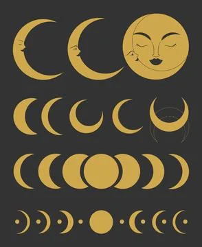 Collection of crescent and moon celestial emblems. Crescents with human face Illustrazione stock