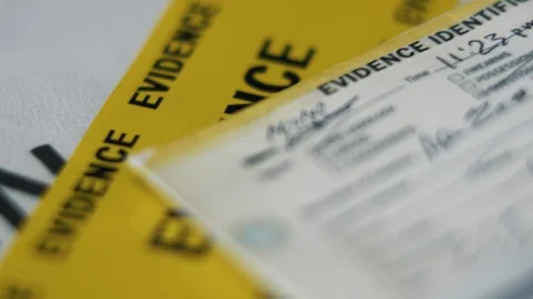 Collection of Crime Evidence Documents and Packaging Slider Shot Stock Footage 121157425