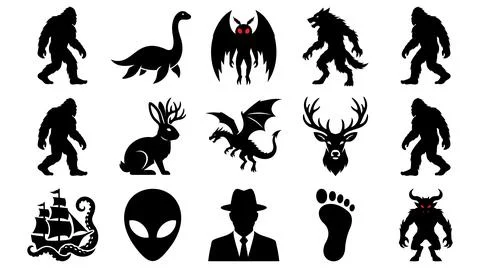 Collection of cryptid and mythical creature silhouette vector icons set Stock Illustration