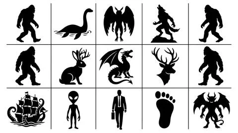 Collection of cryptid and mythical creature silhouettes in vector format Stock Illustration