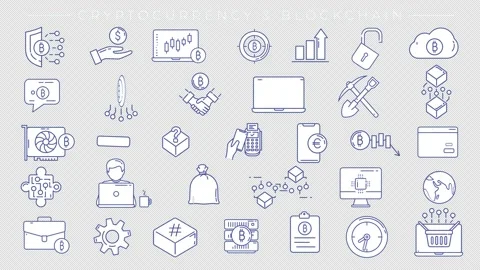 Collection of Cryptocurrency and Blockchain line icons on the alpha channel. Stock Footage 221284942
