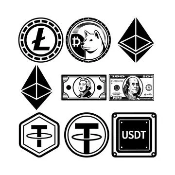 Collection of cryptocurrency and u s d t in black and white style msea set .. Stock Illustration