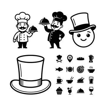 Collection of culinary icons featuring charming chefs serving food decorati.. Stock Illustration