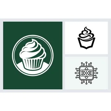 Collection of cupcake and digital circuit board icons Stock Illustration