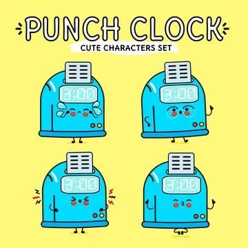 A collection of cute and expressive punch clock characters showing different  Stock Illustration