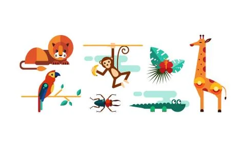 Collection of cute animals, lion, monkey, parrot, crocodile, giraffe, palm イラスト素材