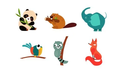 Collection of cute animals, panda bear, beaver, parrot, raccoon, fox vector Stock Illustration