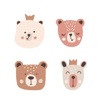 Collection of cute bear faces in vector art style for creative use, set isolated Stock Illustration