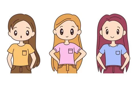 Collection of Cute Beautiful Long Haired Girl Cartoon Character Pose Stockillustratie