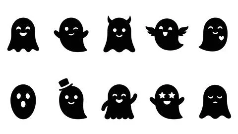 Collection of cute black ghost icons with different emotions and accessorie.. Stock Illustration