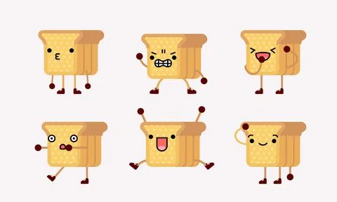 Collection of cute bread character mascot illustration with different pose an Stock Illustration