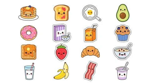 Collection of cute breakfast food stickers Stock Illustration