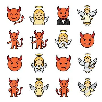 Collection of cute cartoon devils and angels icons, representing good and e.. Illustration