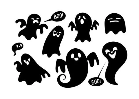 Collection of cute cartoon ghosts with different expressions, perfect for Ilustração Stock