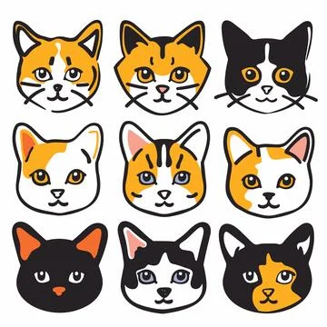 Collection cute cat faces, different breeds fur patterns, cartoon style, pet Ilustração Stock