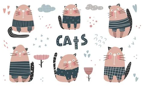 Collection cute cat hand draw vector illustration Doodle cartoon style. Stock Illustration