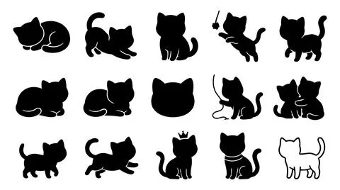 Collection of cute cat silhouettes in various poses with silhouette, domestic Stock Illustration