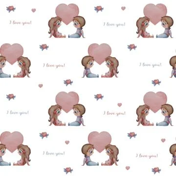 Collection of cute children. Seamless patterns. Couple in love. Cute boy and Stock Illustration