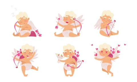 Collection of Cute Cupid Boys in Different Actions, Adorable Cherubs Shooting Stock Illustration