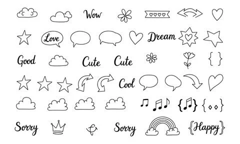 Collection of Cute Doodle Elements Hand Drawn Style on White Background Stock Illustration