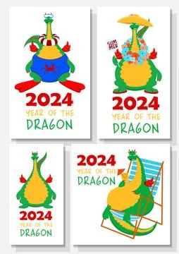 Collection of cute dragon characters. The green dragon is the symbol of 2024 Stock Illustration