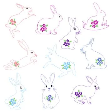 A collection of cute Easter bunnies. Cartoon characters of happy rabbits. Kaw Illustrazione stock
