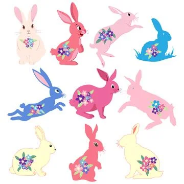 A collection of cute Easter bunnies. Cartoon characters of happy rabbits. Kaw Stock Illustration