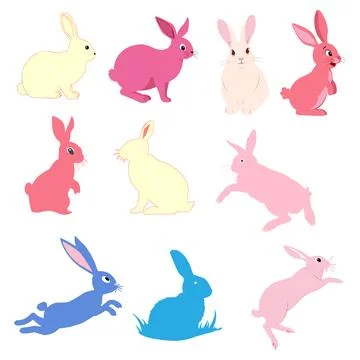 A collection of cute Easter bunnies. Cartoon characters of happy rabbits. Kaw Illustrazione stock