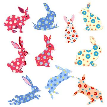 A collection of cute Easter bunnies. Cartoon characters of happy rabbits. A c Illustrazione stock