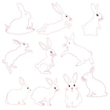 A collection of cute Easter bunnies. Cartoon characters of happy rabbits. Kaw Stock Illustration