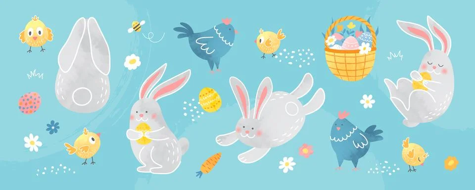 Collection of cute Easter bunnies, hens and chicks. Cartoon funny animals w.. Stock Illustration
