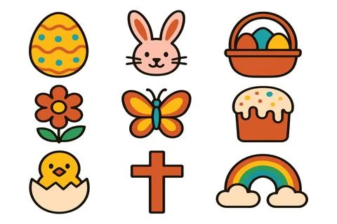 Collection of cute easter icons featuring eggs bunny flower butterfly cake .. Stock Illustration