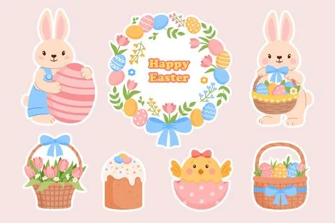 Collection of cute Easter stickers. Stock Illustration