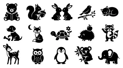 Collection of cute forest and exotic animal silhouettes vector icons set Stock Illustration