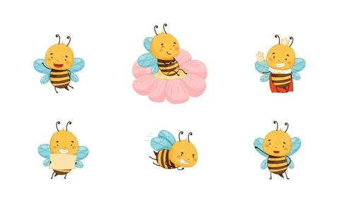 Collection cute funny bee flying insects. Apiary and beekeeping concept vector Ilustração Stock