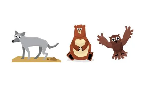 Collection of cute geometric forest animals, wolf, bear, owl bird vector Stock Illustration