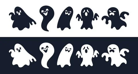 Collection of cute ghosts floating with different facial expressions, screaming Ilustração Stock