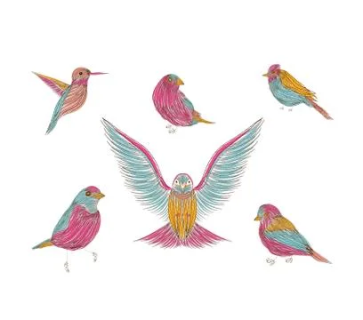 A collection of cute hand-drawn bird doodles イラスト素材
