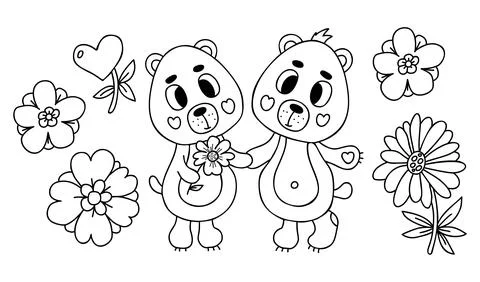 Collection cute pair in love bears with flowers. Vector illustration in doo.. Ilustração Stock