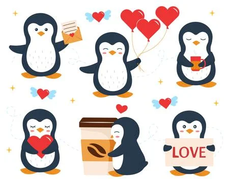 Collection of cute penguins with hearts Stock Illustration