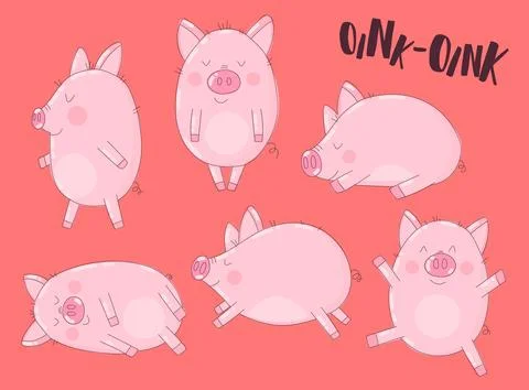 Collection of cute pigs on a red background with the word oink. Vector illust Stock Illustration