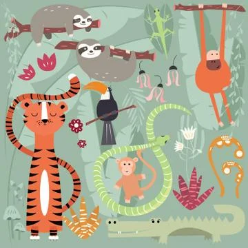 Collection of cute rain forest animals, tiger, snake, sloth, monkey Stock Illustration