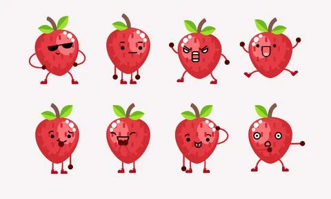 Collection of cute strawberry character mascot illustration with different po Stock Illustration