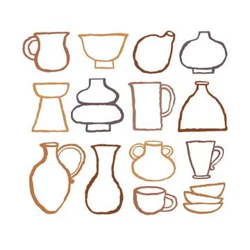 Collection of cute trendy crockery elements. Ink hand drawn line vector 스톡 일러스트