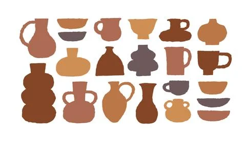 Collection of cute trendy crockery elements. Ink hand drawn vector illustration 库存插图