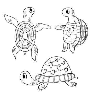 Collection cute turtles. Vector illustration. Isolate outline drawing funny.. Stock Illustration