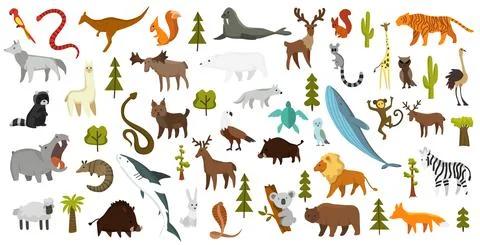 Collection of cute vector animals. Hand drawn animals which are common in Stock Illustration